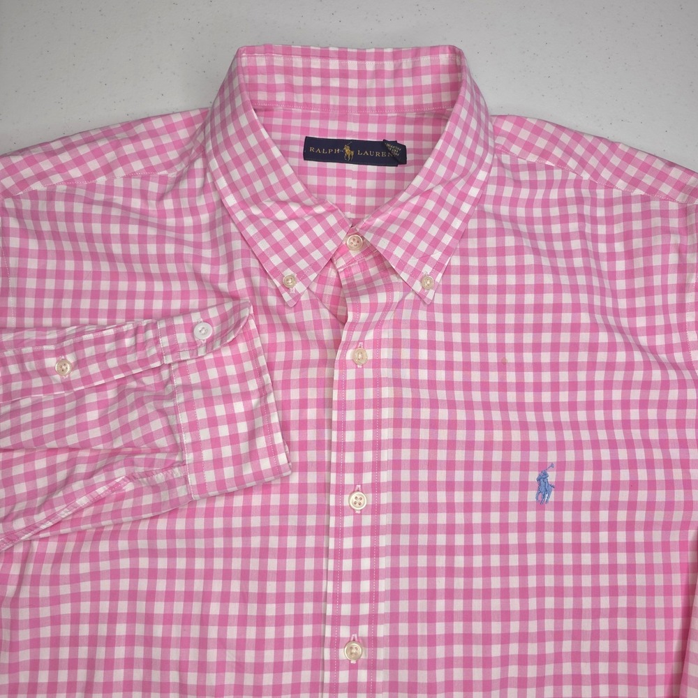 RALPH LAUREN Men's XXL Pink White Check Light Blue Pony Long Sleeve Shirt -1249